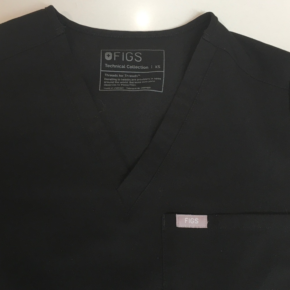 Figs V-Neck Black Scrub Top XS Technical Collection Sort Sleeve